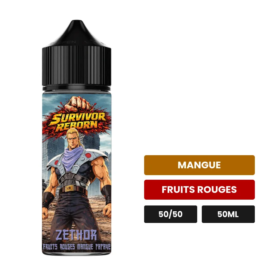 E-liquide Zethor d'Extrapure, 50 ml, saveurs mangue et fruits rouges.