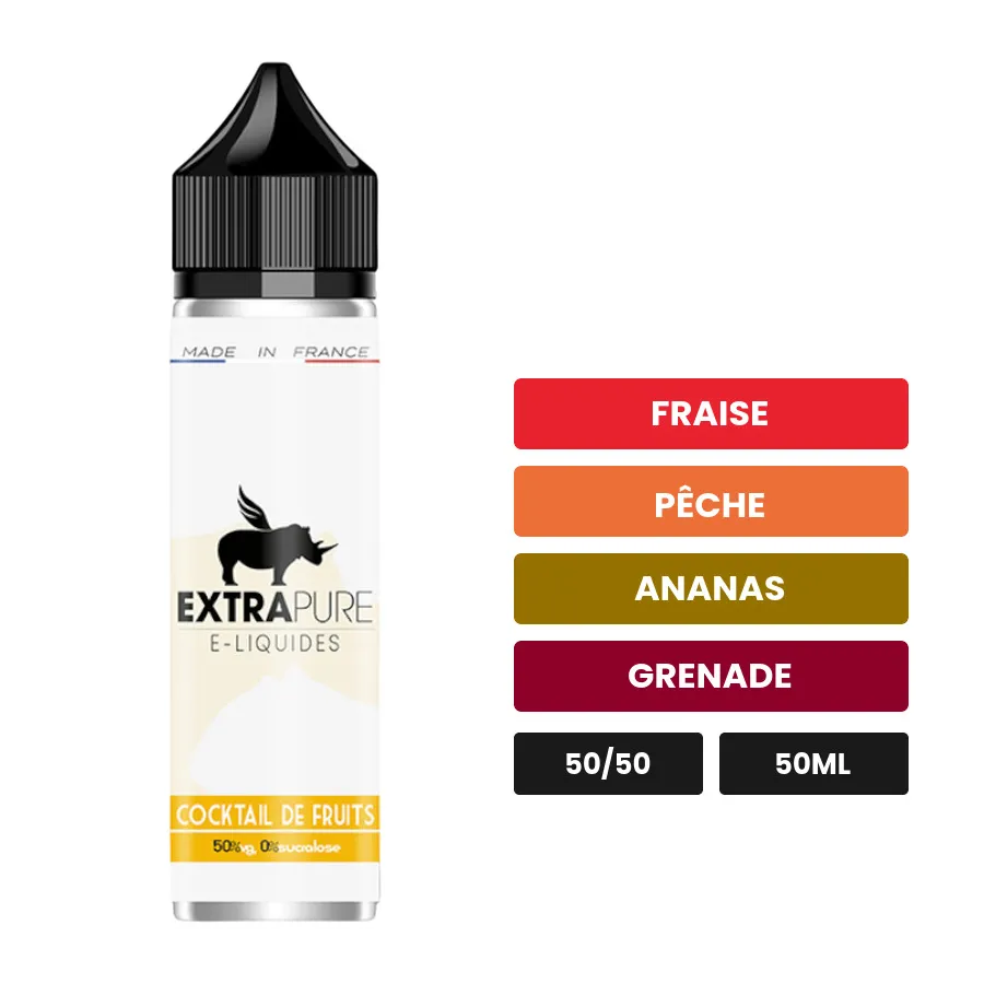 E-liquide Cocktail De Fruits d'Extrapure, 50 ml, saveurs fraise, pêche, ananas et 1 autre.