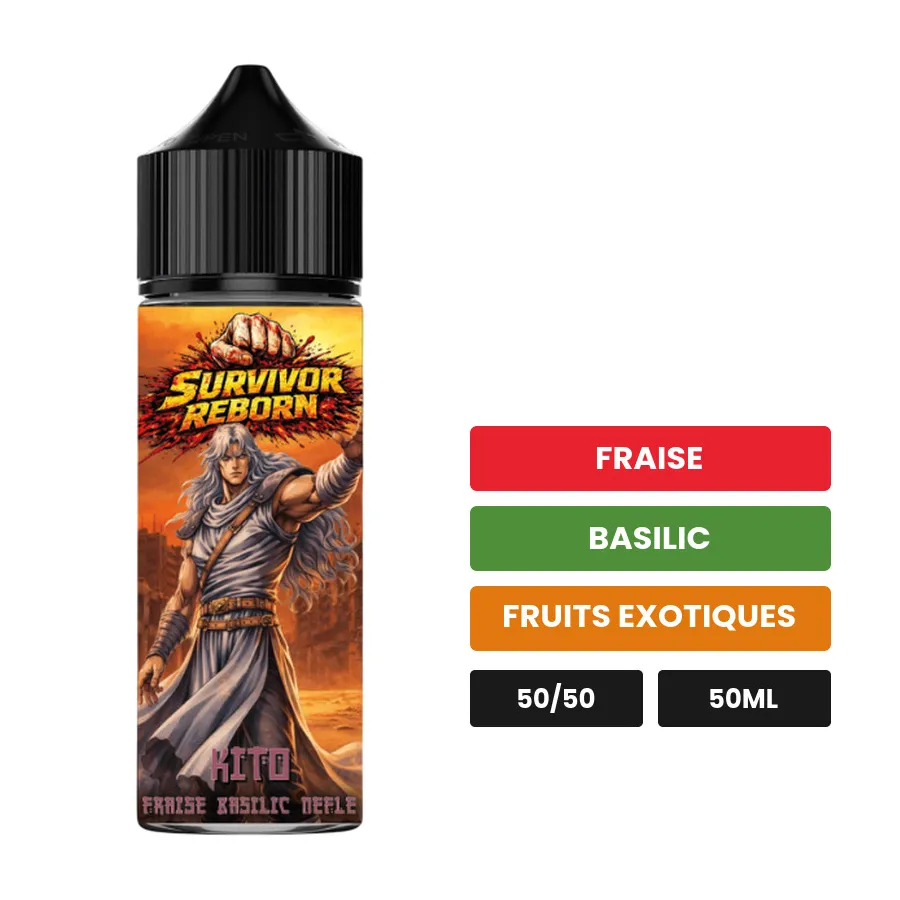 E-liquide Kito d'Extrapure, 50 ml, saveurs fraise, basilic et fruits exotiques.