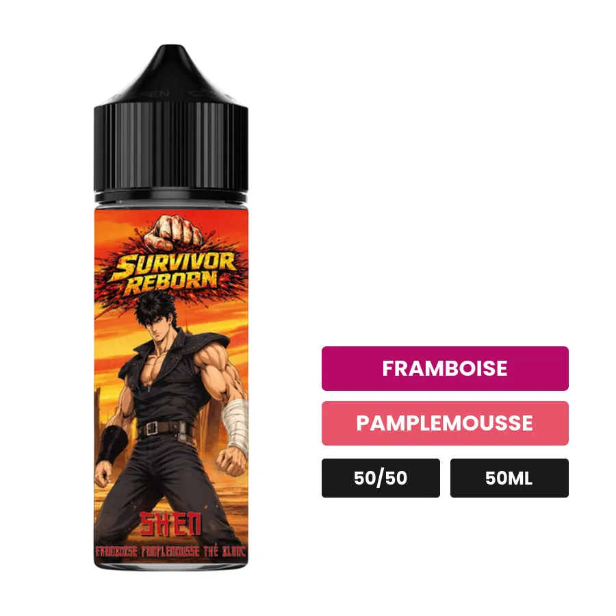 E-liquide Shen d'Extrapure, 50 ml, saveurs framboise et pamplemousse.