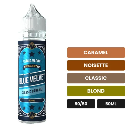 E-liquide Blue Velvet Special Edition de Cloud Vapor, 50 ml, saveurs caramel, noisette, classic et 1 autre.