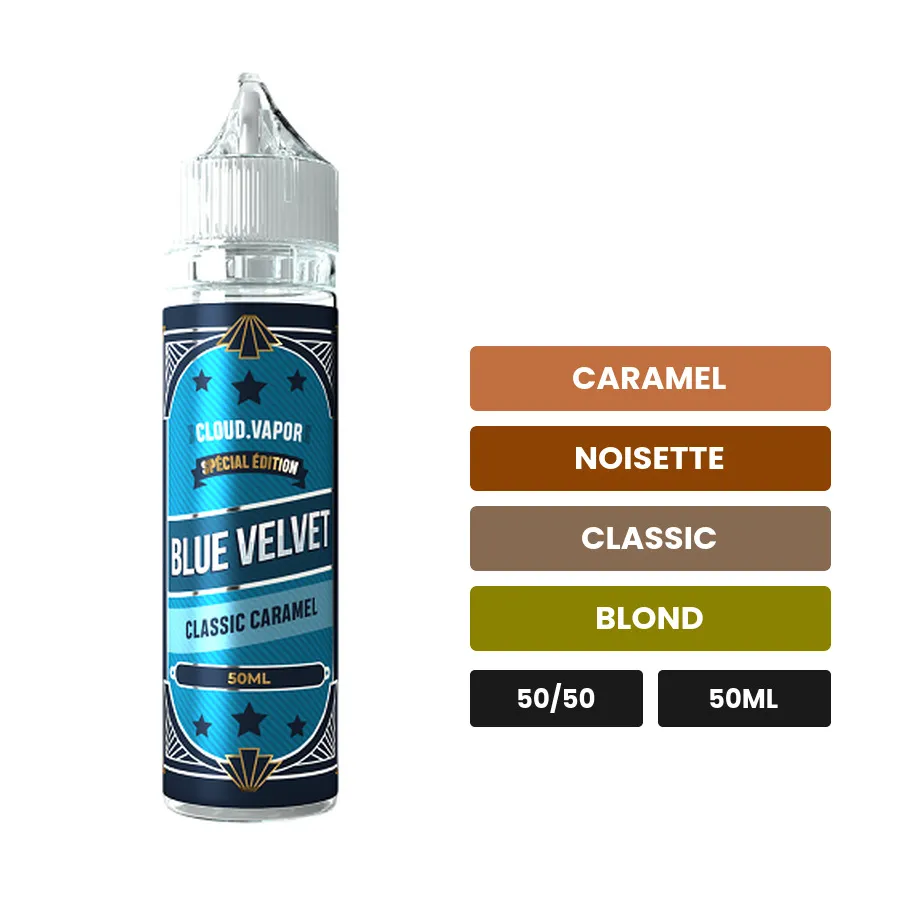 E-liquide Blue Velvet Special Edition de Cloud Vapor, 50 ml, saveurs caramel, noisette, classic et 1 autre.