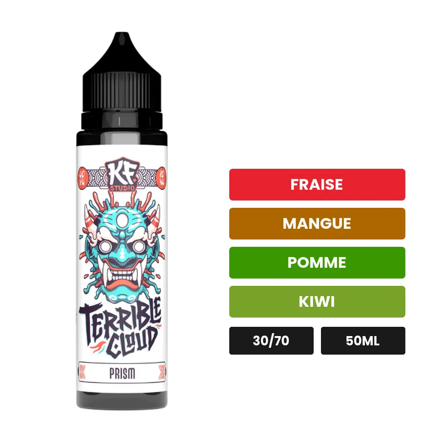 E-liquide Prism de Cloud Vapor, 50 ml, saveurs fraise, mangue, pomme et 2 autres.