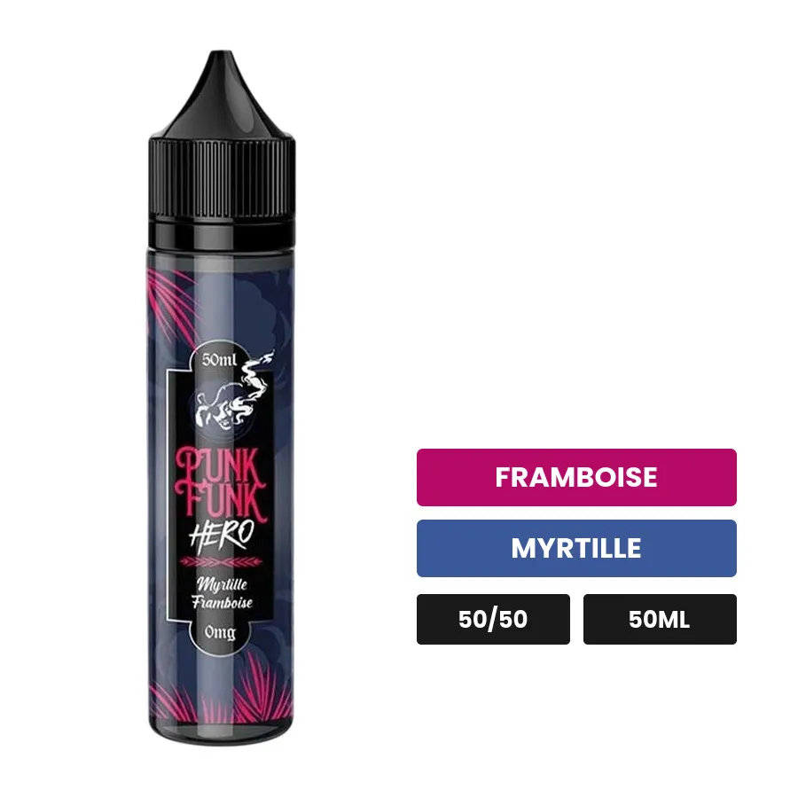 E-liquide Myrtille Framboise de Punk Funk Hero, 50 ml, saveurs framboise et myrtille.