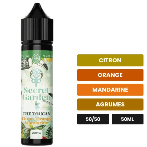 E-liquide The Toucan de Secret's Lab, 50 ml, saveurs citron, orange, mandarine et 1 autre, sans nicotine — prêt à booster de.