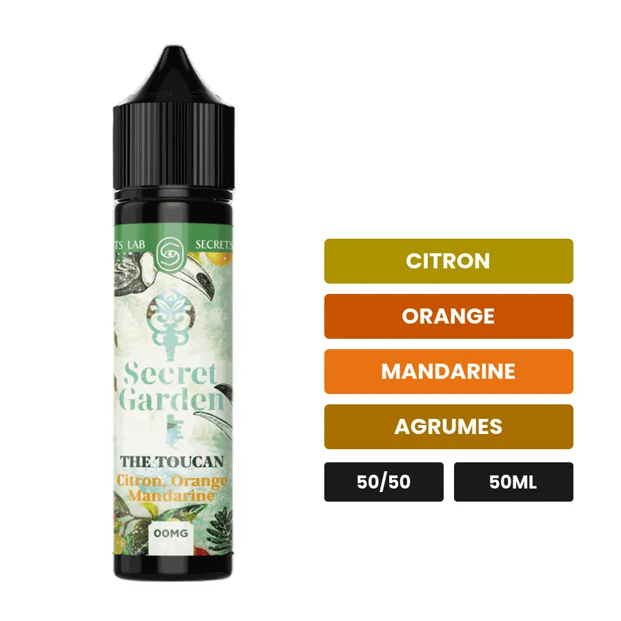 E-liquide The Toucan de Secret's Lab, 50 ml, saveurs citron, orange, mandarine et 1 autre, sans nicotine — prêt à booster de.