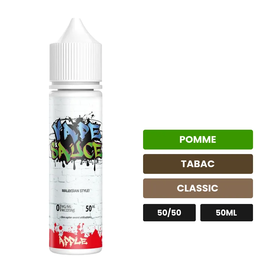 E-liquide Apple de Vape Sauce, 50 ml, saveurs pomme, tabac et classic.