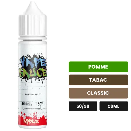 E-liquide Apple de Vape Sauce, 50 ml, saveurs pomme, tabac et classic.