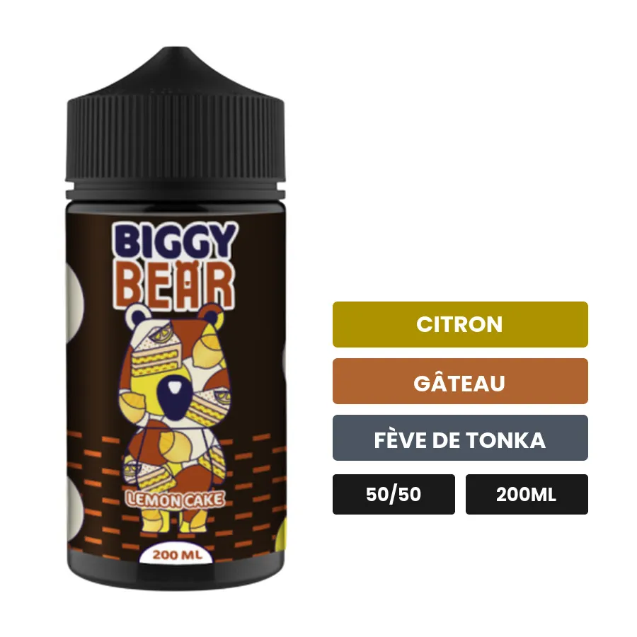 E-liquide Lemon Cake de Biggy Bear, 200 ml, saveurs citron, gâteau et fève de tonka.