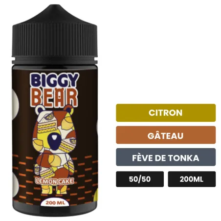 E-liquide Lemon Cake de Biggy Bear, 200 ml, saveurs citron, gâteau et fève de tonka.