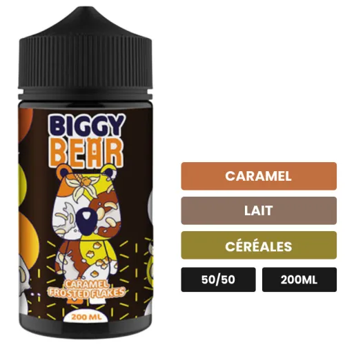 E-liquide Caramel Frosted Flakes de Biggy Bear, 200 ml, saveurs caramel, lait et céréales.