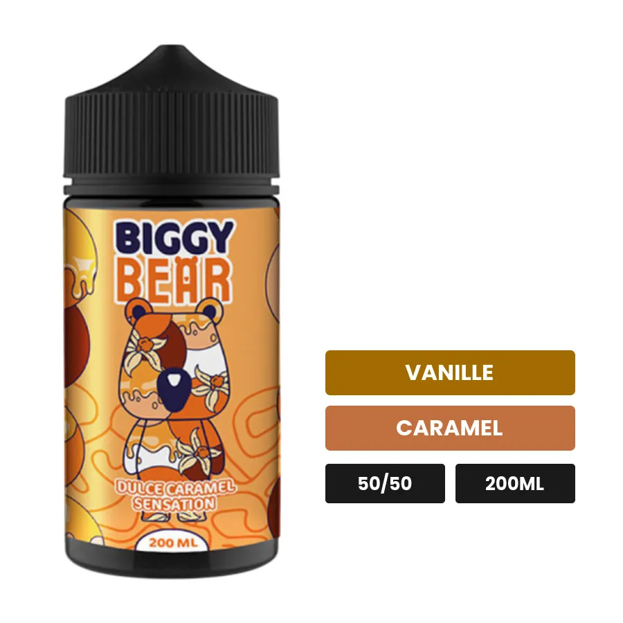 E-liquide Dulce Caramel Sensation de Biggy Bear, 200 ml, saveurs vanille et caramel.