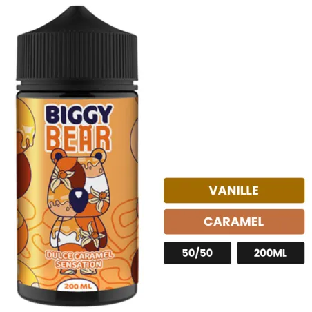 E-liquide Dulce Caramel Sensation de Biggy Bear, 200 ml, saveurs vanille et caramel.