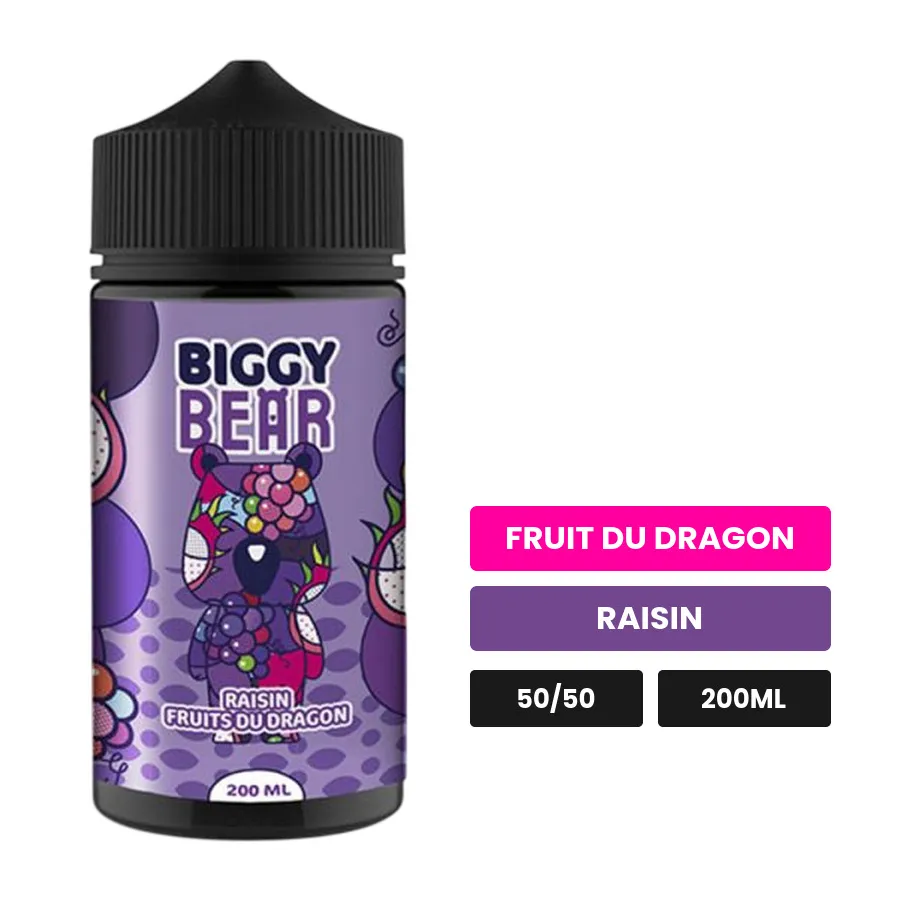 E-liquide Raisin Fruit du Dragon de Biggy Bear, 200 ml, saveurs fruit du dragon et raisin.