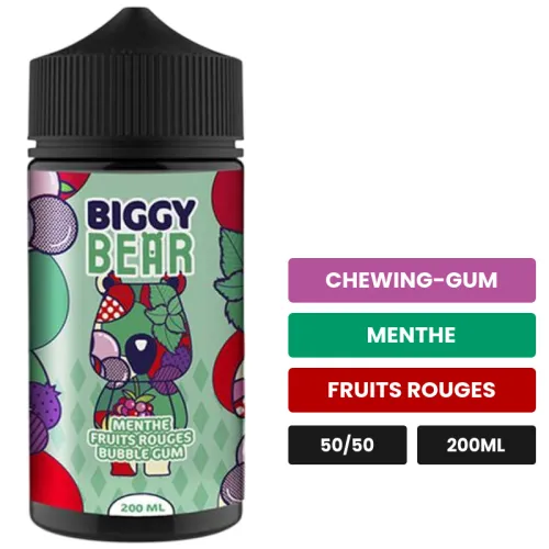 E-liquide Menthe Fruits Rouges Bubble Gum de Biggy Bear, 200 ml, saveurs chewing-gum, menthe et fruits rouges.