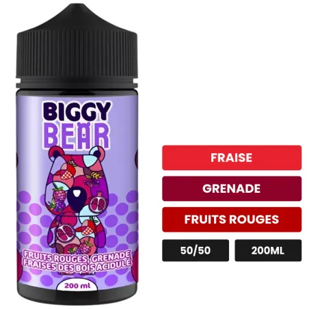 E-liquide Fruits rouges Grenade Fraise des bois acidulée de Biggy Bear, 200 ml, saveurs fraise, grenade et fruits rouges.