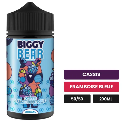 E-liquide Cassis Framboise Bleue de Biggy Bear, 200 ml, saveurs cassis et framboise bleue.