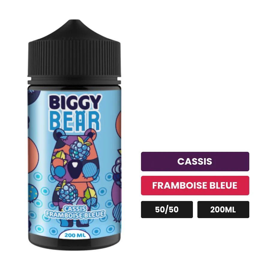 E-liquide Cassis Framboise Bleue de Biggy Bear, 200 ml, saveurs cassis et framboise bleue.