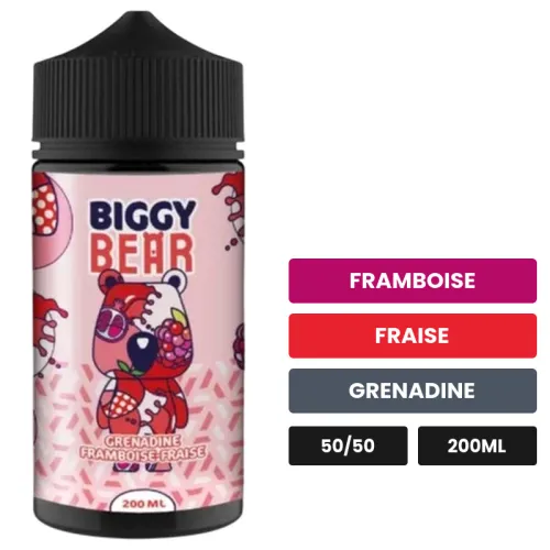 E-liquide Grenadine Framboise Fraise de Biggy Bear, 200 ml, saveurs framboise, fraise et grenadine.