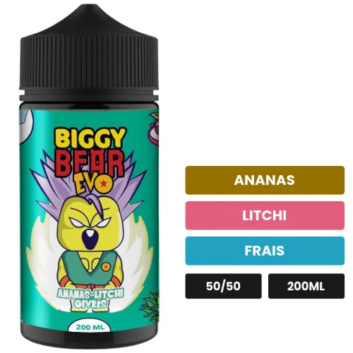 E-liquide Ananas Litchi Givrés de Biggy Bear, 200 ml, saveurs ananas, litchi et frais.