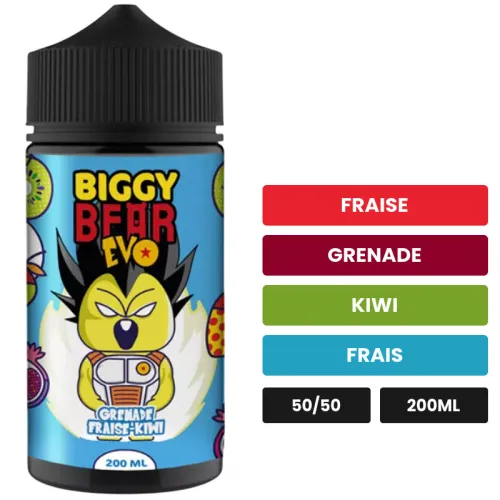 E-liquide Grenade Fraise Kiwi de Biggy Bear, 200 ml, saveurs fraise, grenade, kiwi et 1 autre.