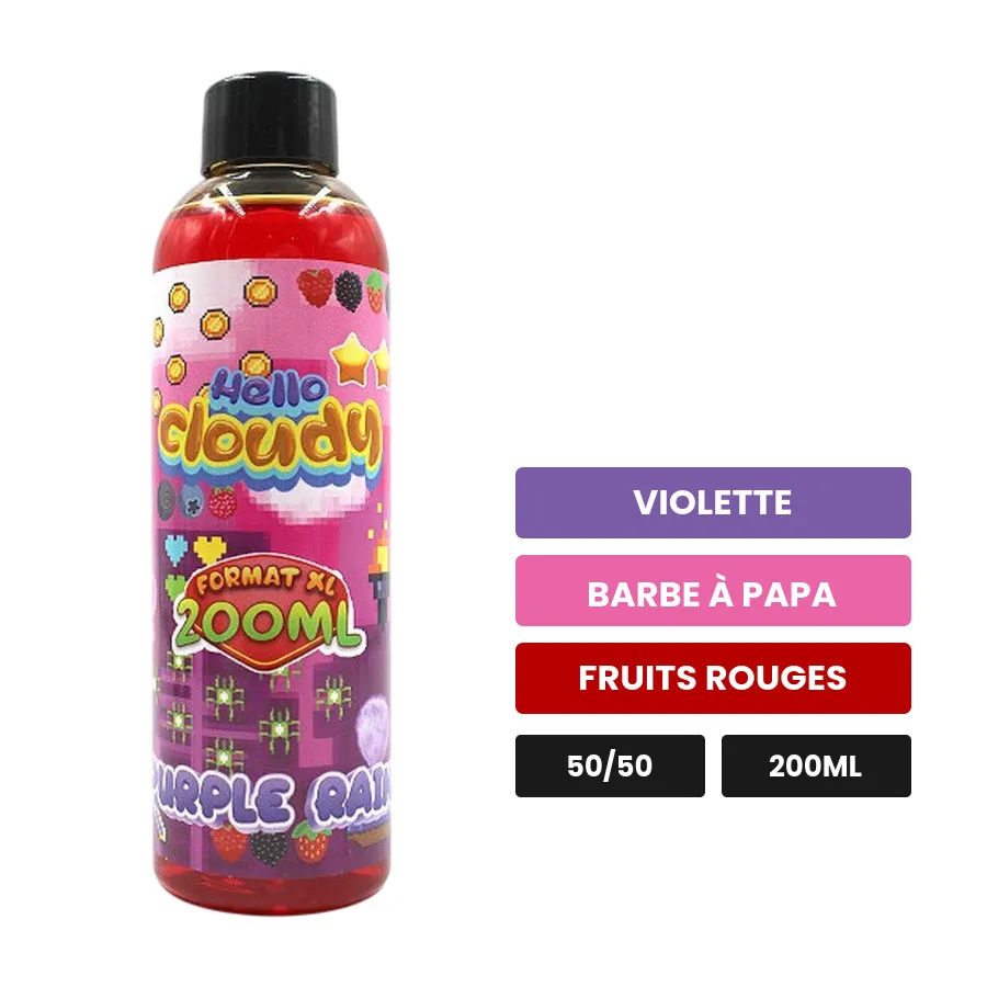 E-liquide PURPLE RAIN Hello Cloudy, 200 ml, saveurs violette, barbe à papa et fruits rouges.