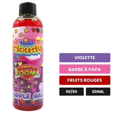 E-liquide PURPLE RAIN Hello Cloudy, 200 ml, saveurs violette, barbe à papa et fruits rouges.