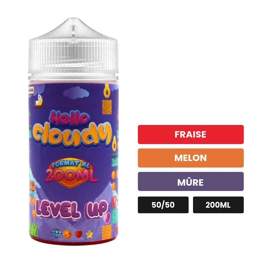 E-liquide LEVEL UP Hello Cloudy, 200 ml, saveurs fraise, melon et mûre.