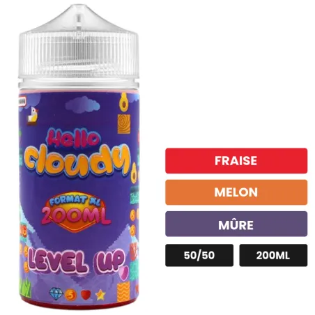 E-liquide LEVEL UP Hello Cloudy, 200 ml, saveurs fraise, melon et mûre.