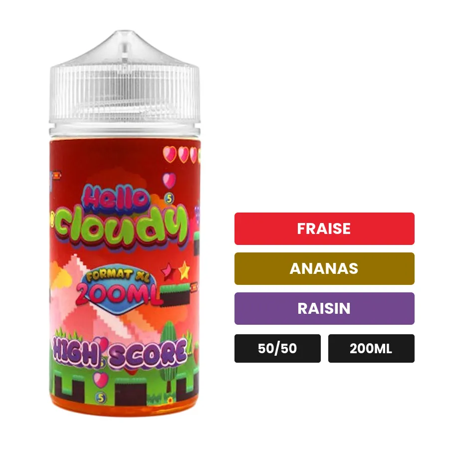 E-liquide HIGH SCORE Hello Cloudy, 200 ml, saveurs fraise, ananas et raisin.