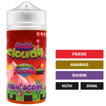 E-liquide HIGH SCORE Hello Cloudy, 200 ml, saveurs fraise, ananas et raisin.