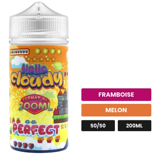 E-liquide PERFECT Hello Cloudy, 200 ml, saveurs framboise et melon.