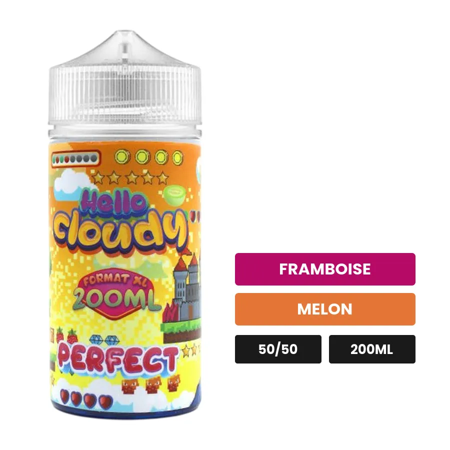E-liquide PERFECT Hello Cloudy, 200 ml, saveurs framboise et melon.