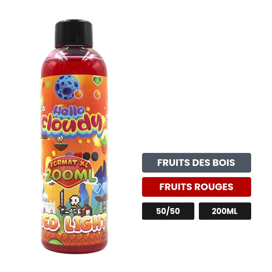 E-liquide RED LIGHT Hello Cloudy, 200 ml, saveurs fruits des bois et fruits rouges.