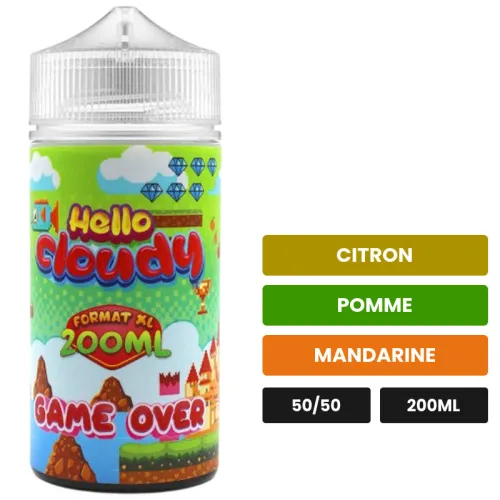 E-liquide GAME OVER Hello Cloudy, 200 ml, saveurs citron, pomme et mandarine.