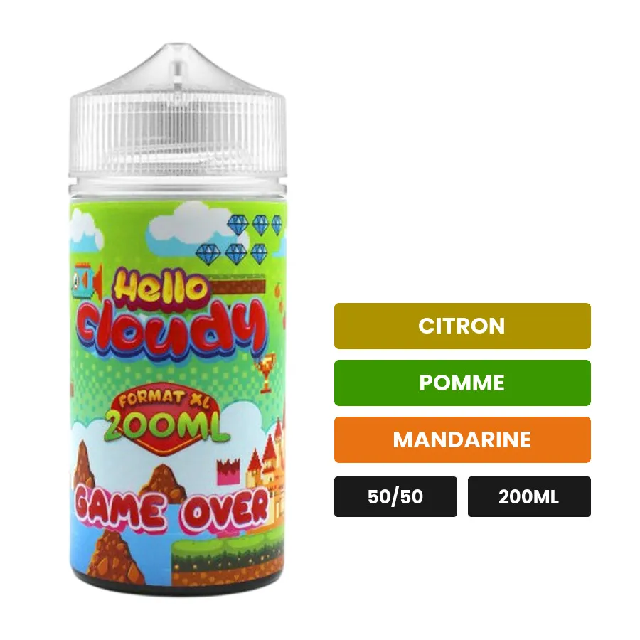 E-liquide GAME OVER Hello Cloudy, 200 ml, saveurs citron, pomme et mandarine.