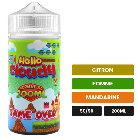E-liquide GAME OVER Hello Cloudy, 200 ml, saveurs citron, pomme et mandarine.