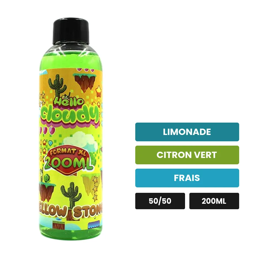 E-liquide YELLOW STONE Hello Cloudy, 200 ml, saveurs limonade, citron vert et frais.