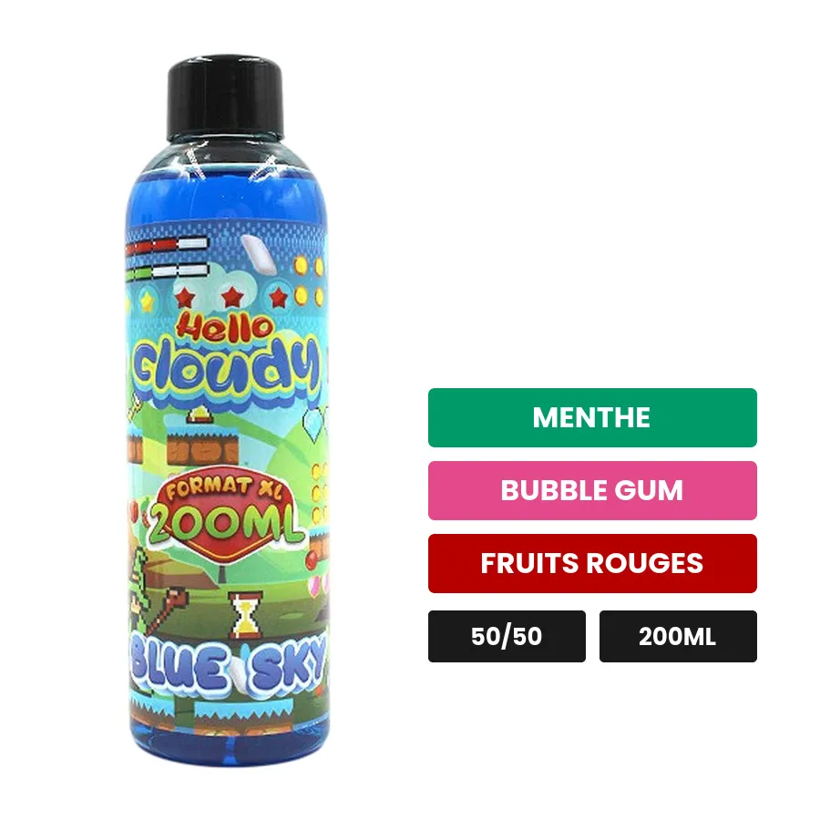 E-liquide BLUE SKY Hello Cloudy, 200 ml, saveurs menthe, bubble gum et fruits rouges.