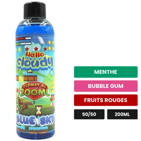 E-liquide BLUE SKY Hello Cloudy, 200 ml, saveurs menthe, bubble gum et fruits rouges.
