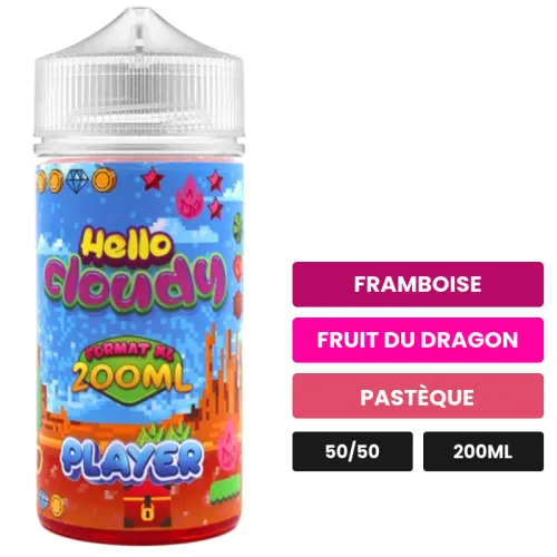 E-liquide PLAYER Hello Cloudy, 200 ml, saveurs framboise, fruit du dragon et pastèque.