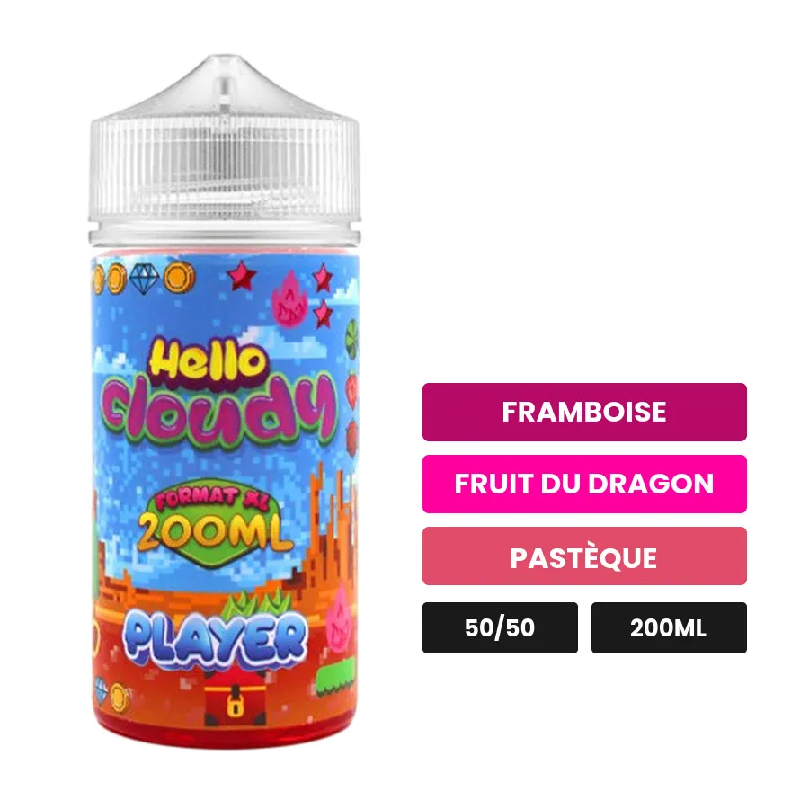 E-liquide PLAYER Hello Cloudy, 200 ml, saveurs framboise, fruit du dragon et pastèque.