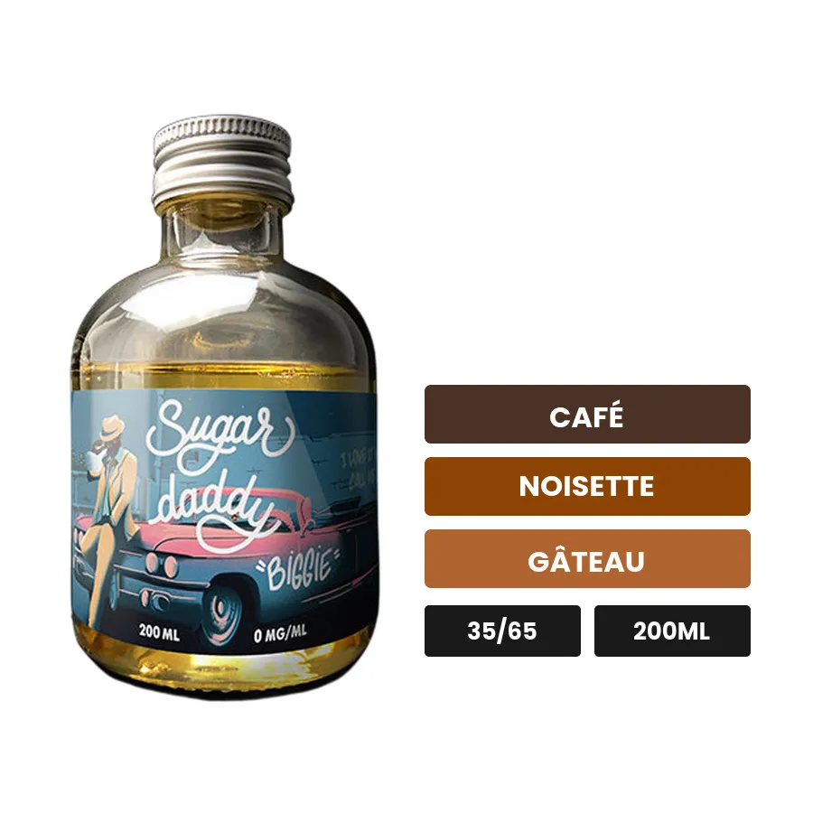 E-liquide Sugar Daddy Biggie de Big Papa, 200 ml, saveurs café, noisette et gâteau.