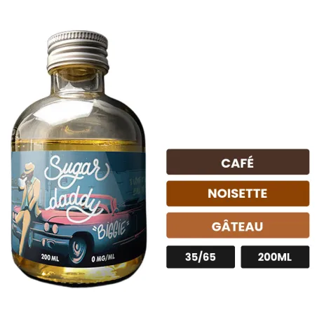 E-liquide Sugar Daddy Biggie de Big Papa, 200 ml, saveurs café, noisette et gâteau.