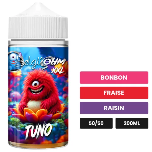 E-liquide Tuno de Belgi'ohm, 200 ml, saveurs bonbon, fraise et raisin, sans nicotine — prêt à booster de nicotine.