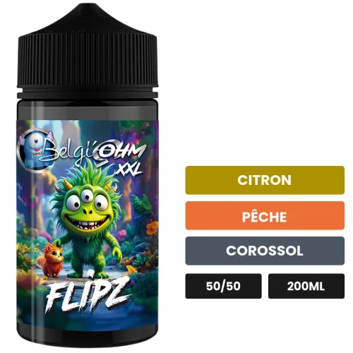 E-liquide Flipz de Belgi'ohm, 200 ml, saveurs citron, pêche et corossol, sans nicotine — prêt à booster de nicotine.