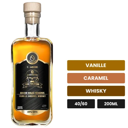 E-liquide Grand Dulce Reserve de Savourea, 200 ml, saveurs vanille, caramel et whisky.