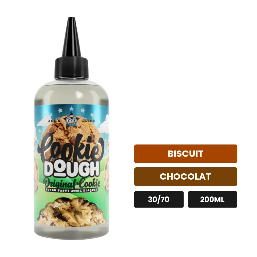 E-liquide Original Cookie Cookie Dough (Dropper Inclus) de Joe's Juice, 200 ml, saveurs biscuit et chocolat.