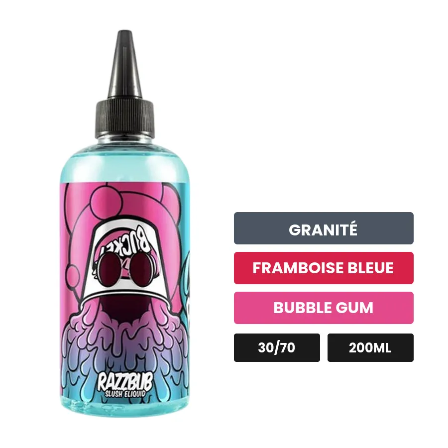 E-liquide Razzbub Slush Bucket (Dropper Inclus) de Joe's Juice, 200 ml, saveurs granité, framboise bleue et bubble gum.