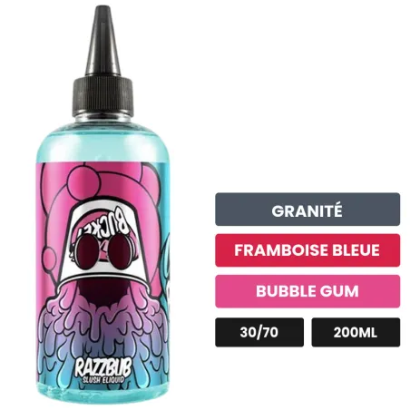 E-liquide Razzbub Slush Bucket (Dropper Inclus) de Joe's Juice, 200 ml, saveurs granité, framboise bleue et bubble gum.
